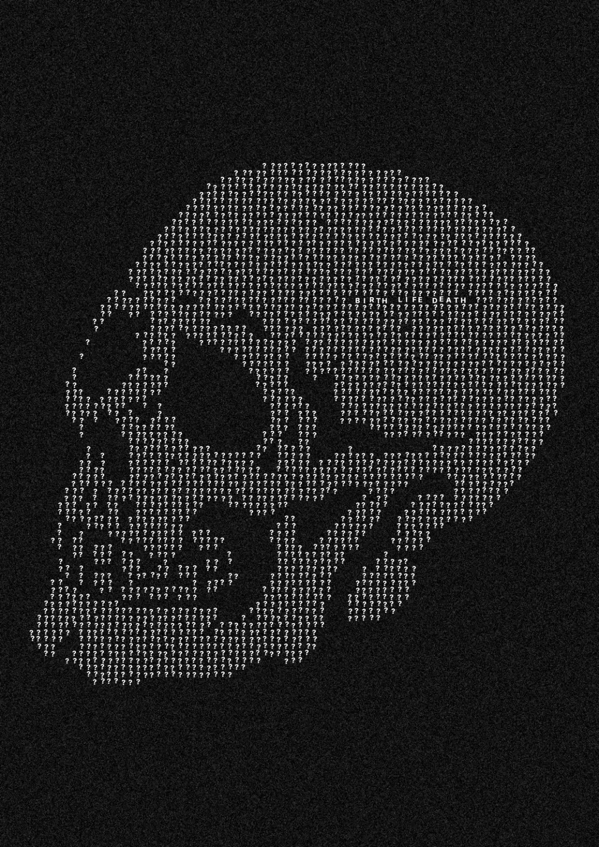 Uneasy Thoughts, white on off black, the print. A skull built from question marks.