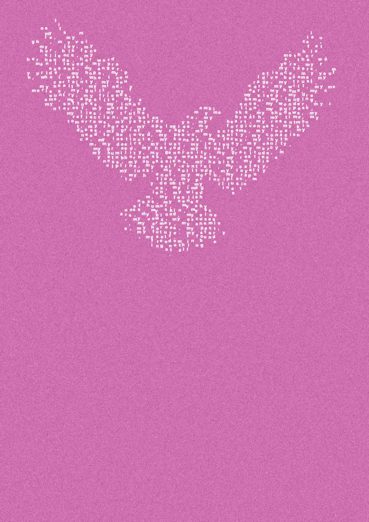 Nothing at All, white on orchid, the print. A bird taking flight.