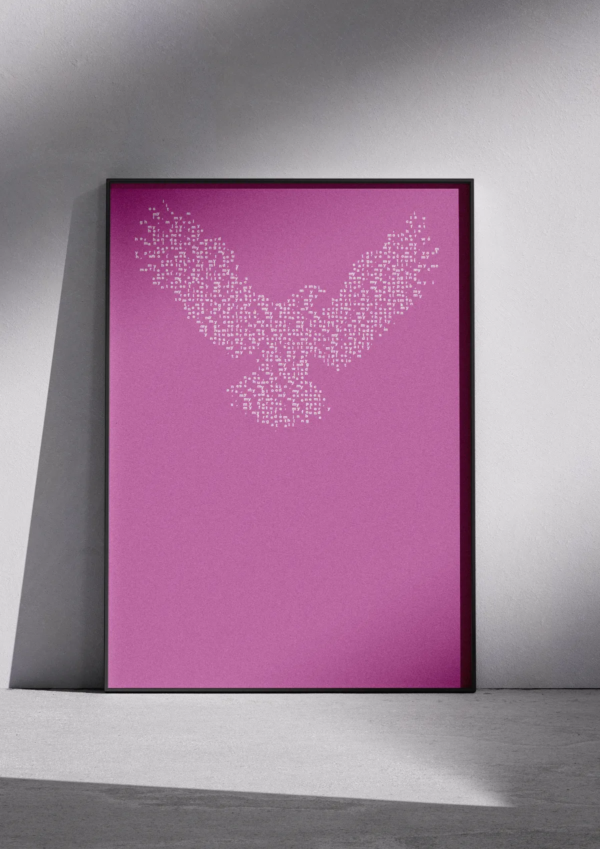 Typographic poster "Nothing at All", white on orchid, framed on a wall. A bird taking flight.